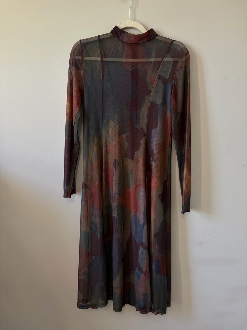Sheer Long-Sleeve Midi Dress in Multicolor Earth Tones